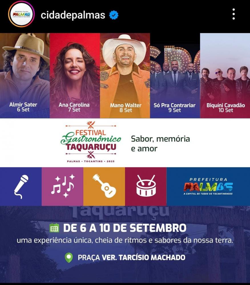 Prefeitura de Palmas confirma cinco shows nacionais no Festival Gastronômico de Taquaruçu com destaque para Ana Carolina