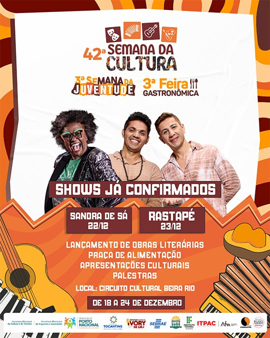 Porto Nacional terá show de Sandra de Sá e Rastapé na 42ª edição da Semana da Cultura