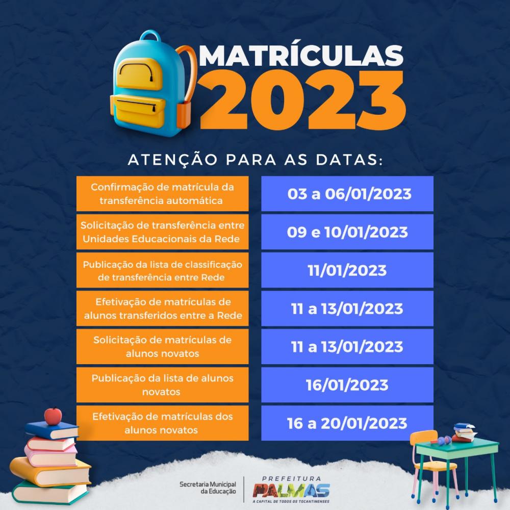 Rede Municipal de Palmas divulga calendário de matrículas para 2023