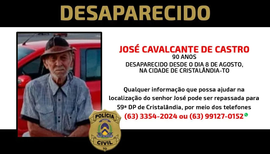 Polícia Civil procura senhor de 90 anos que está desaparecido há cinco dias em Cristalândia