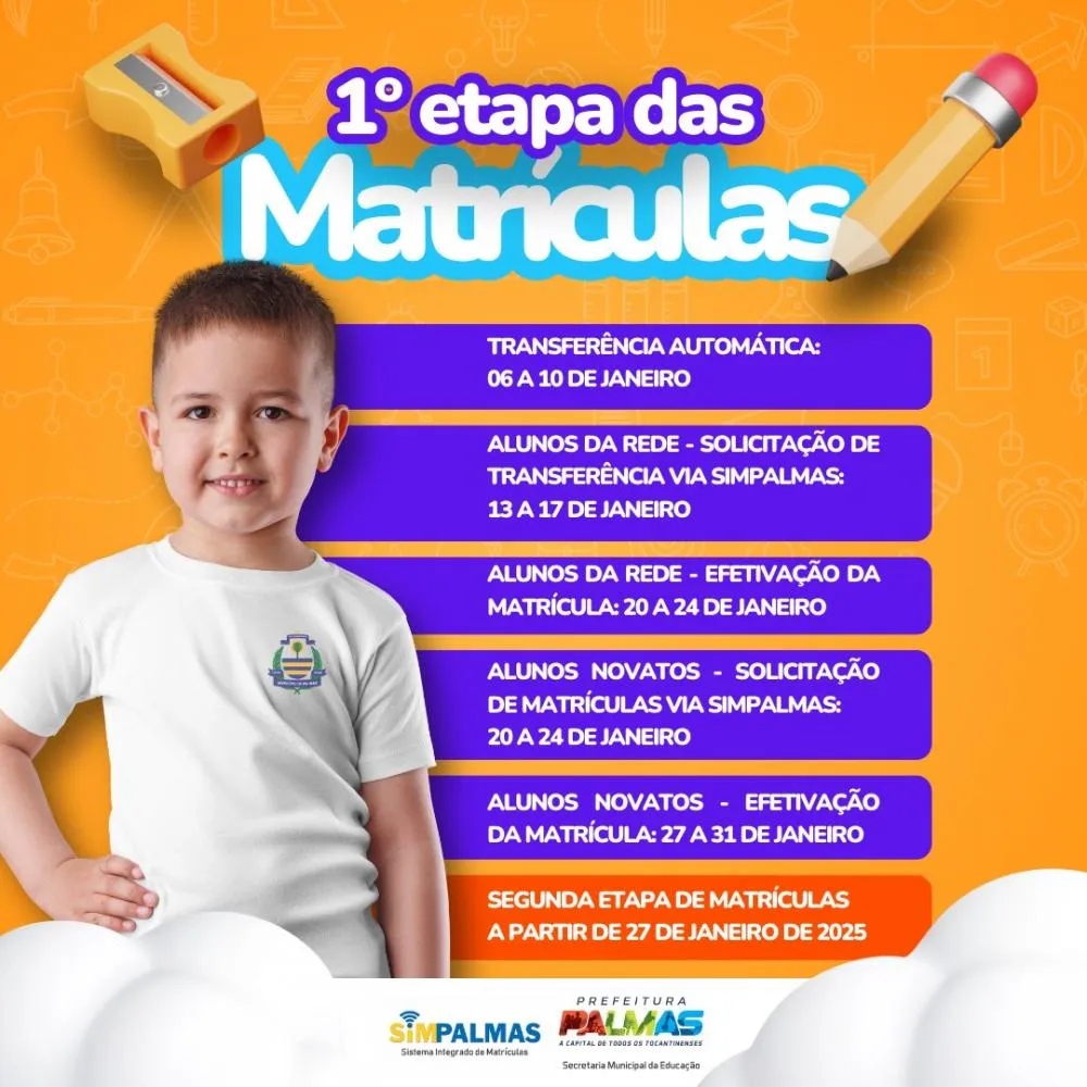  1ª etapa de matrículas da rede municipal de ensino de Palmas inicia na segunda-feira, 6