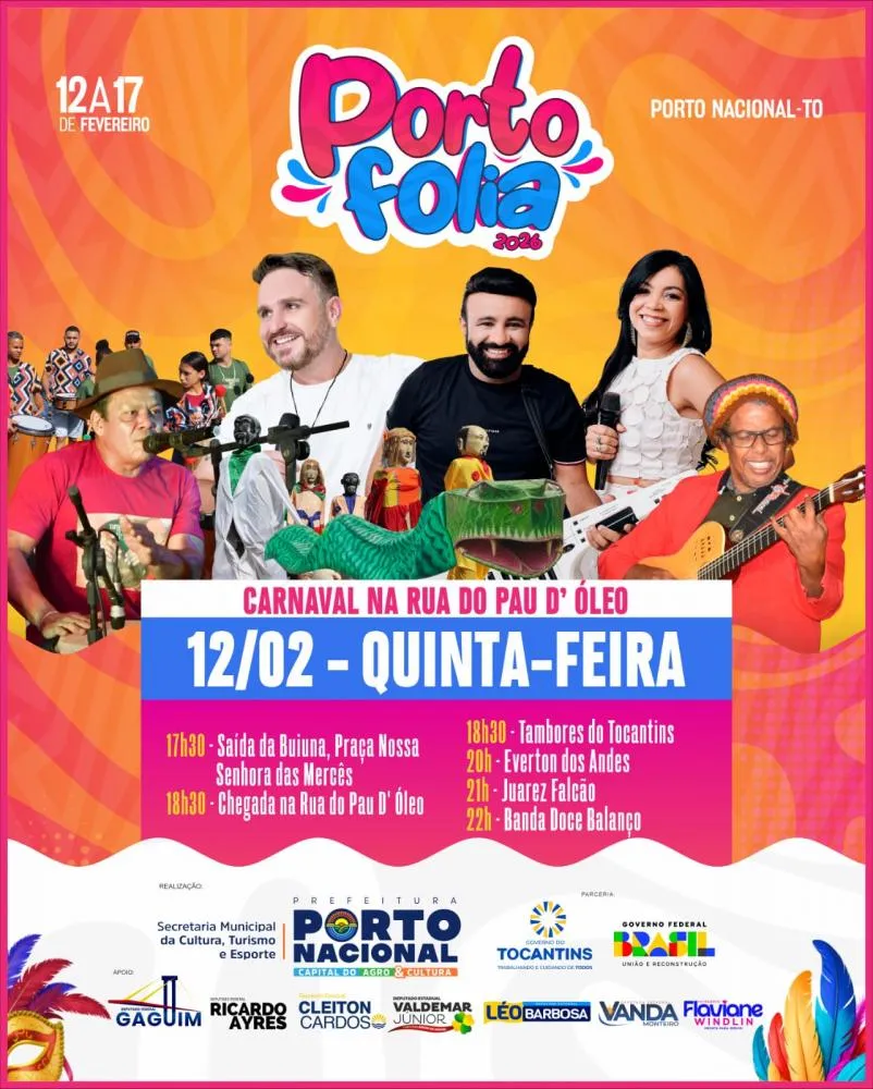 Carnaval na Rua do Pau D’Oléo e Desenterro da Buiúna abrem Carnaval de Porto Nacional na quinta-feira, 12